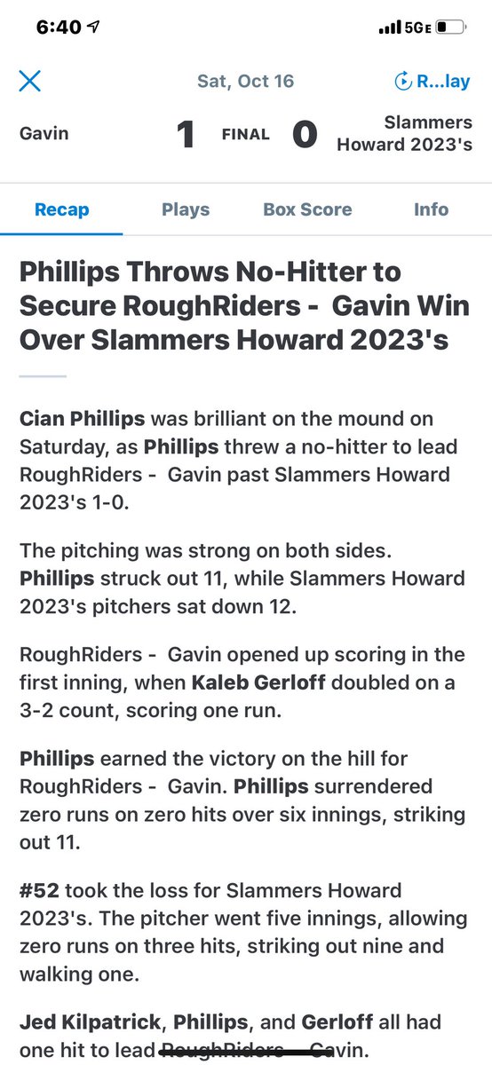 Congrats to <a href="/CianPhillips4/">Cian Phillips</a> for his No-No!!  2023 Uncommitted!!  Can throw and swing it!!  <a href="/CORoughRiders/">RoughRiders Baseball</a>