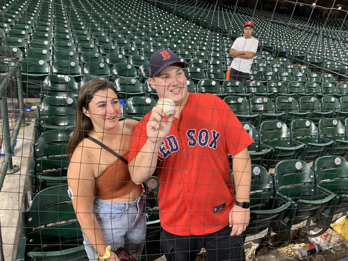 This is the ball JD Martinez hit for a Grand Slam. Sean Tarmey now has it.  He said it hit off someone’s head and an Astros fan he made a deal with before game then gave it him. The deal was if Sean caught Astros homerun he would give it to the Astros fan #wcvb