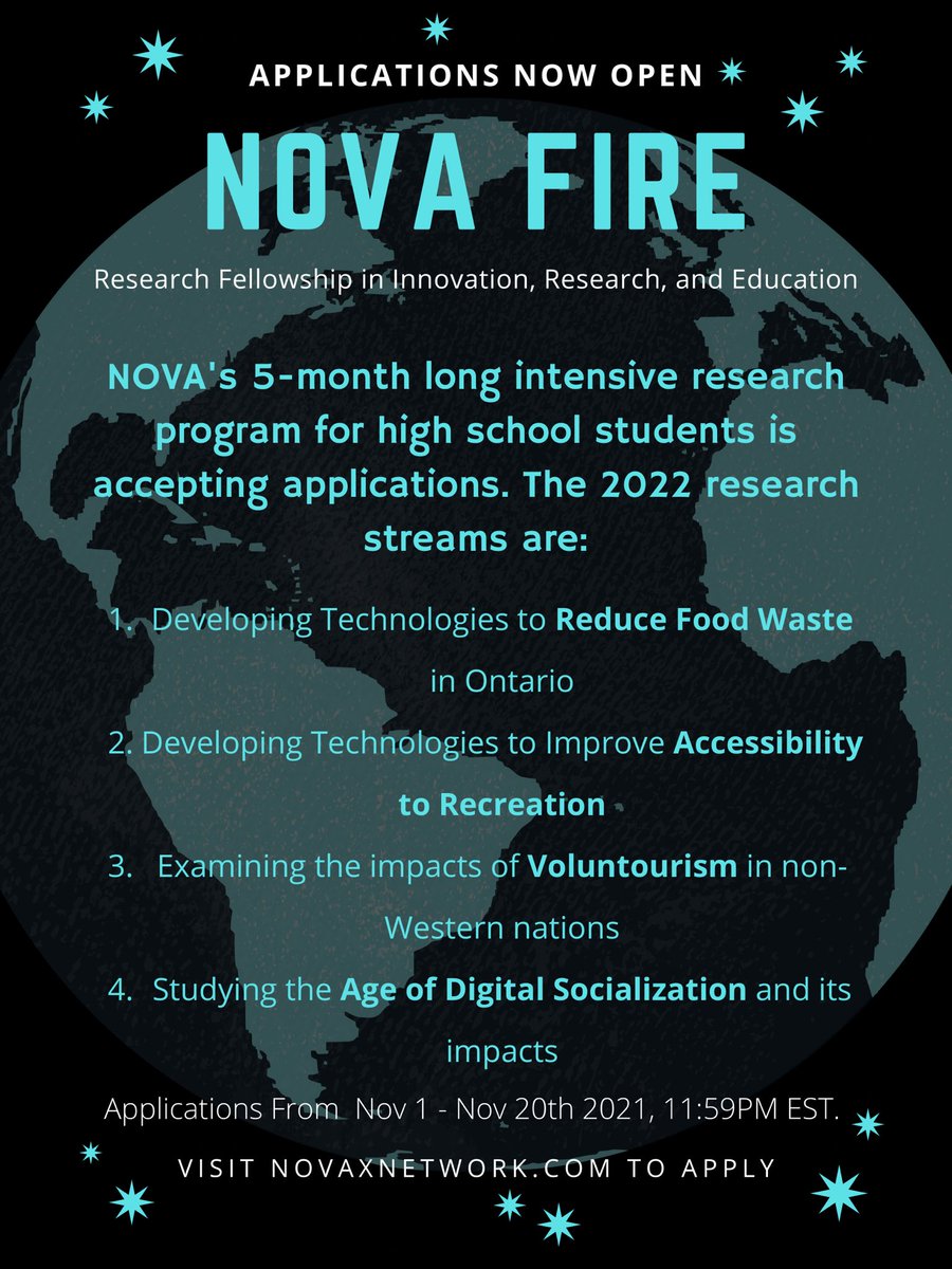 Applications for NOVA FIRE 2022 will be open on Nov 1, 2021! The research streams for this year are as follows: