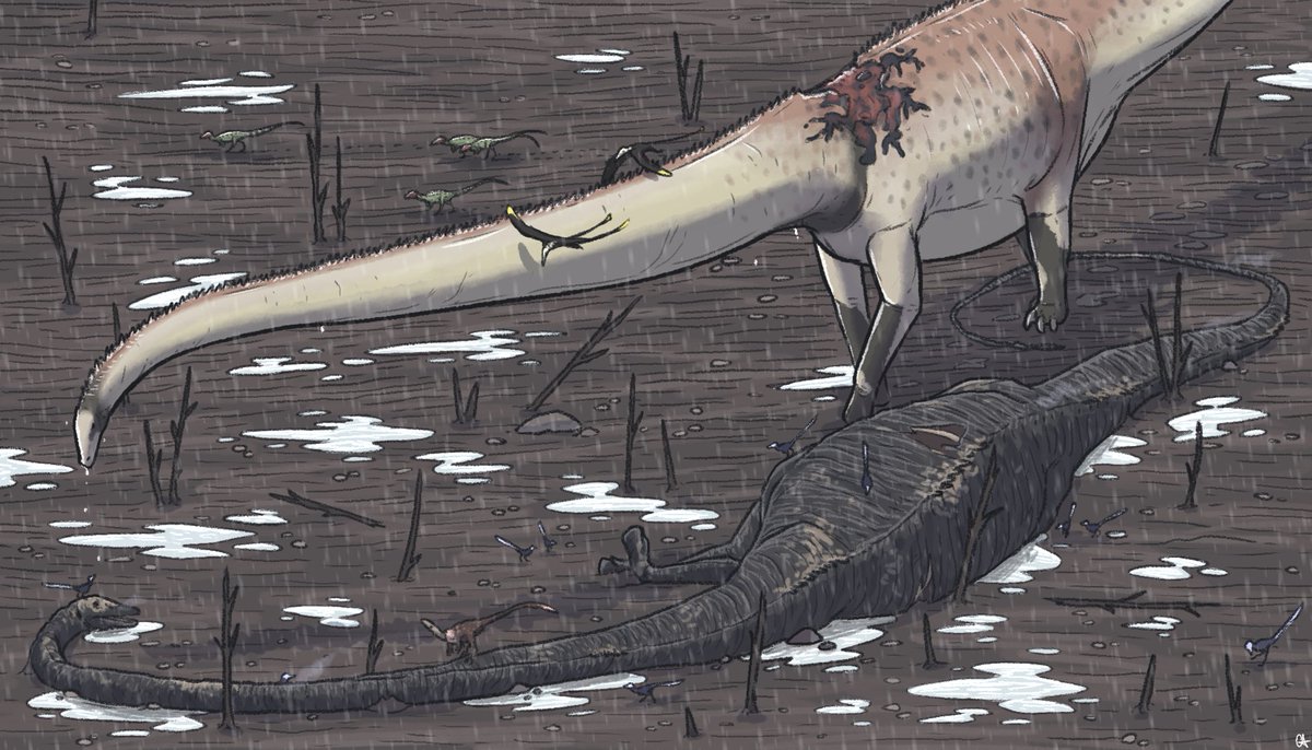 ddinodan's tweet photo. a young male Barosaurus returns to the spot she was struck by lighting, sparking a wildfire that lasted several days. he's met by the corpse of his mate - who wasn't lucky enough to escape the flames https://t.co/E8DjZ5IUEr
