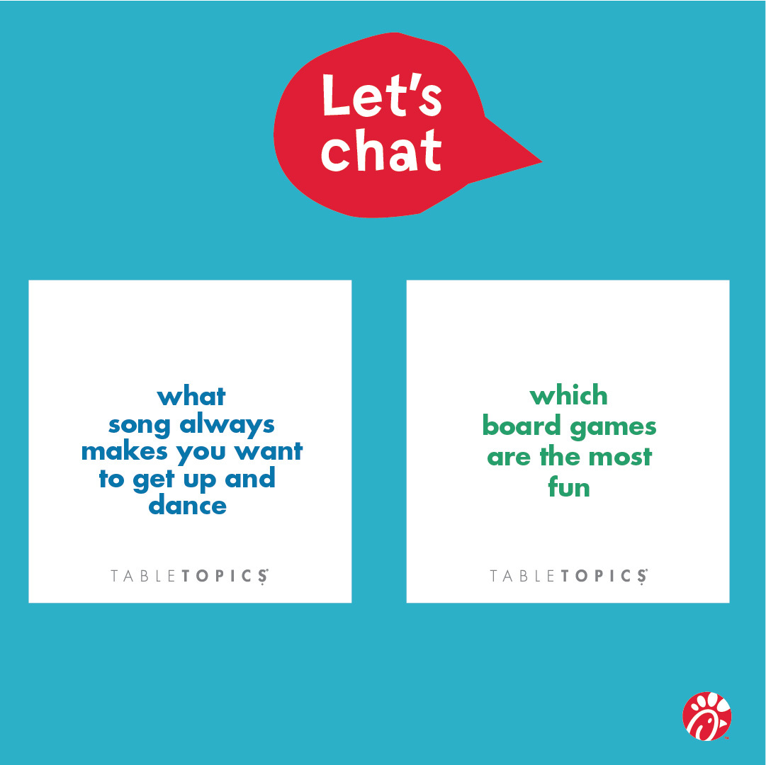 CFACamden's tweet photo. A great way to connect with friends and family today? Share these TableTopics with your loved ones and discover a little something special about each other. #thelittlethings https://t.co/fOEOaXNTZD