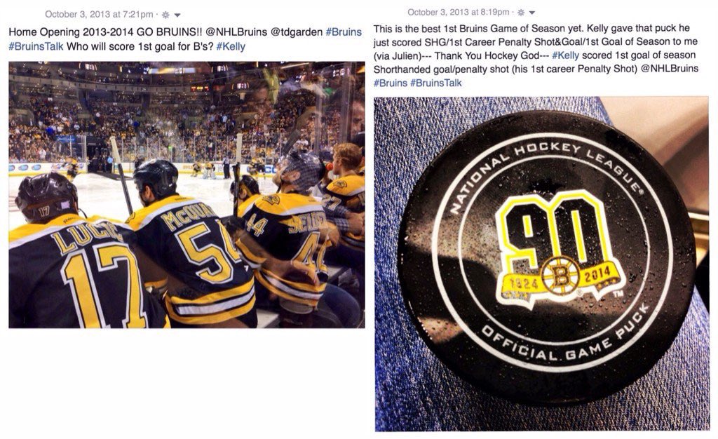 AmyBoston's tweet photo. Only happened 3 times in NHL history when first goal of season is via a penalty shot, 2 of them are by #NHLBruins and one of them I have the Puck! I guessed earlier that game that Kelly will score first goal of season and he did! Thank you Kelly for the Puck!  #Coolest1stNHLGoal https://t.co/NYyOgLYIaN