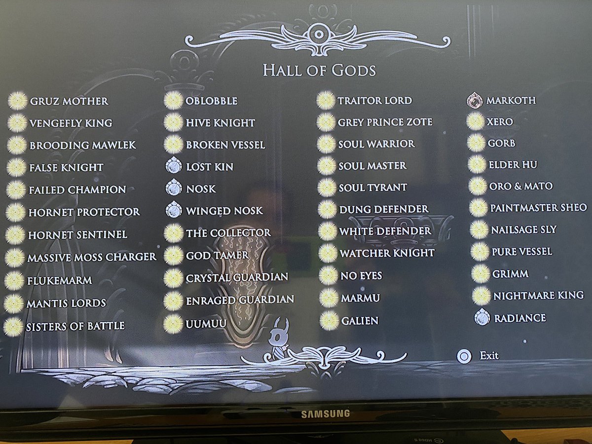 positivejuice00's tweet photo. Hollow knight Hall of Gods almost complete. The gold means Iโve beat the boss without getting hit. This is every boss in the game. SO CLOSE! #HollowKnight #godhome #dlc https://t.co/S7vSQFxE4H