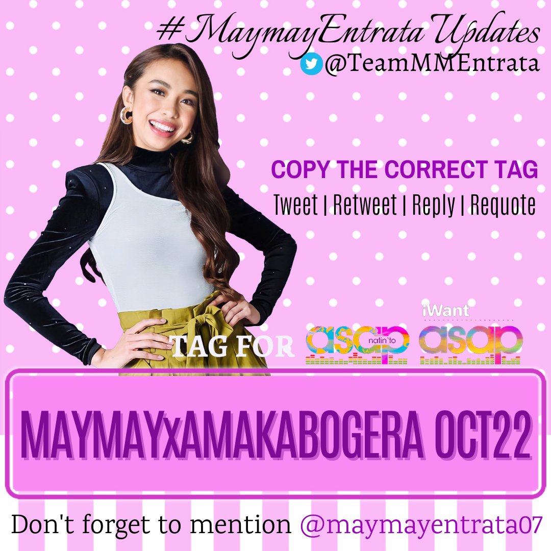 TeamMMEntrata's tweet photo. Watch out for our Amakabogera ghorl on iWantASAP today. Let's use this TP slot to promote her upcoming single for more chance of exposure due to tag acknowledgement and ASAP artcard. We need a good TL spot.🙏

@maymayentrata07 #MaymayEntrata
MAYMAYxAMAKABOGERA OCT22 https://t.co/HxUJ2bXoX4
