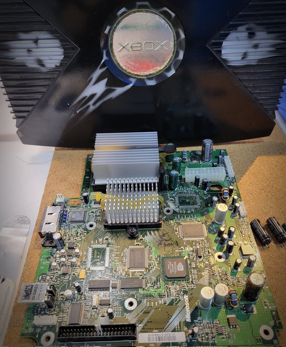 ModzWhittz's tweet image. Board work - replacing the capacitors on an OG Xbox