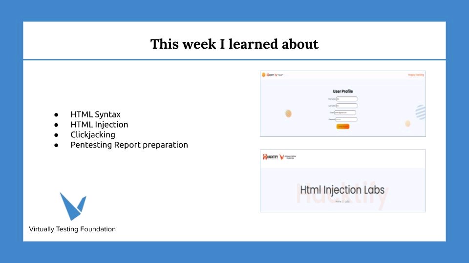 isathish_sk's tweet image. Week2 of #VTFOct21. Being a penetration testing intern @VTFoundation powered by @Hacktifycs. It's been a great session, I learned #HTMLinjection, #Clickjacking &amp; pentest report writing.
#VTfoundation #VTFOct21 #internships