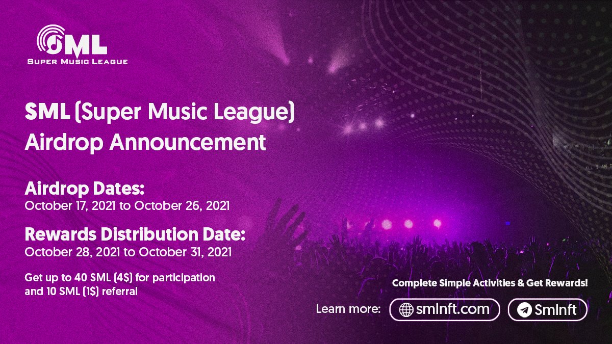 🪂 #SML (Super Music League)'s #Airdrop Campaign is LIVE now🪂

💰Reward Pool: 200,000 $SML tokens.

1️⃣Do 5 tasks
2️⃣Get 40 SML tokens
3️⃣Refer more to earn more

🚀Airdrop Link: t.me/SML_AirdropBot…
🗒Rules: reddit.com/r/SMLNFTOffici…

Good Luck guys!