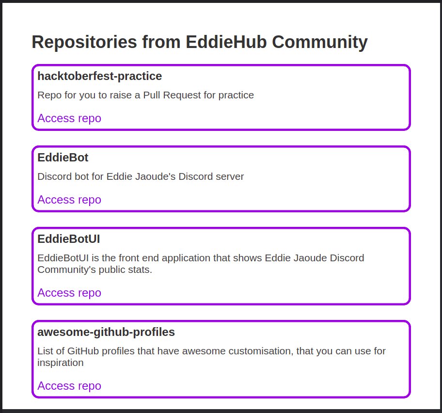 oliveiradax's tweet photo. Today is day 11/100 of my #100daysofcode challenge. I worked on a simple #reactjs application that calls the #github #api and displays a list of #eddiehubcommunity's repos. A simple but yet effective refresher api calls! https://t.co/GwafHnThBh