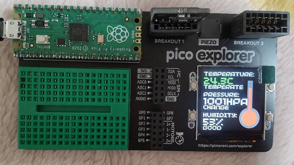 maresaku_mono's tweet photo. 10/7のPimoroniのtwitterにPicoExplorerでtiny weather station を作成するための新しいMicroPythonサンプルコードを追加しましたと紹介があったので、BME280のBreakoutを購入して動かしてみました。
#RaspberryPiPico
#PicoExplorer
#BME280
#Pimoroni https://t.co/QTJYziKFbh