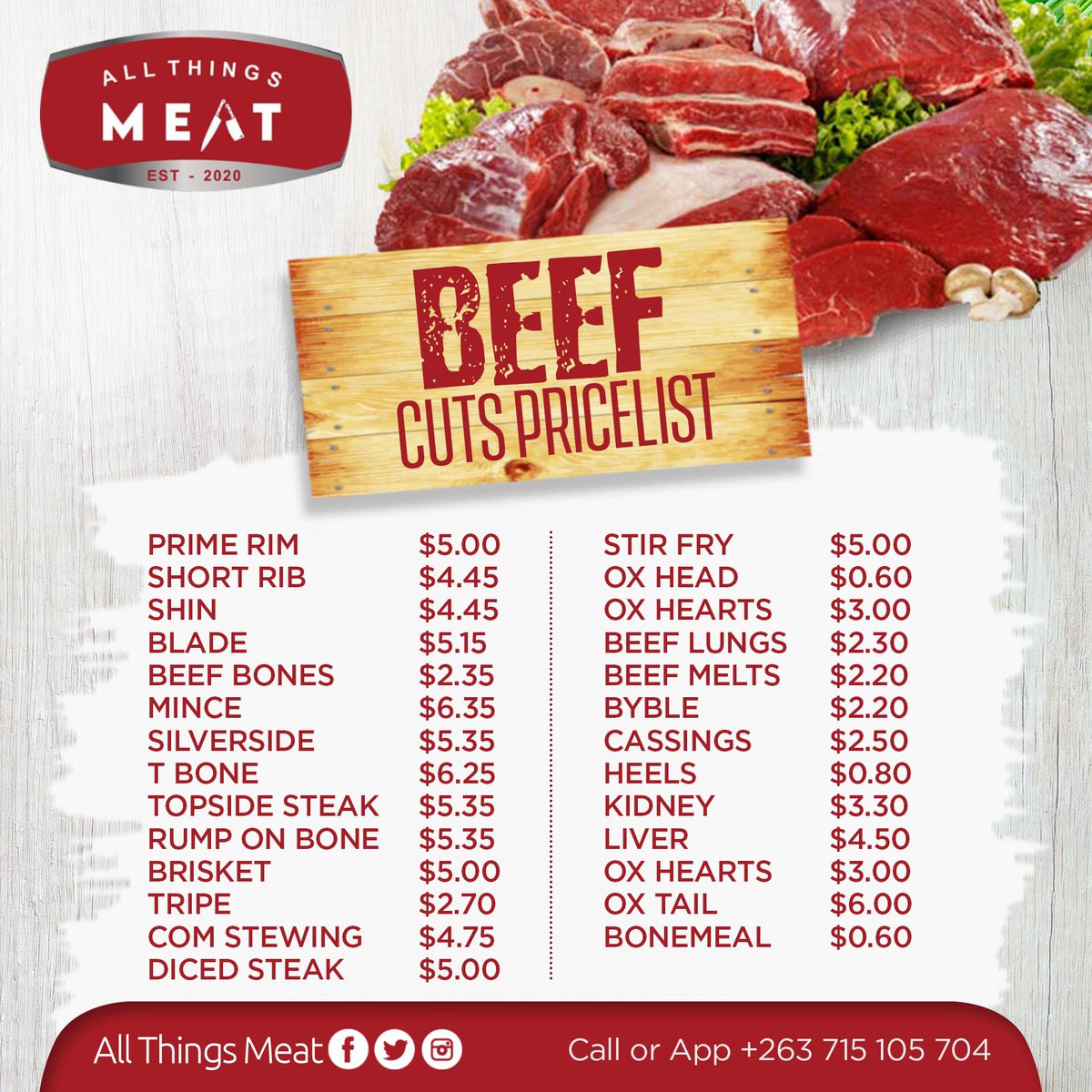 AllThingsMeatZw's tweet photo. Did anybody say #BEEF ? #NiceToMeatYou
Why don't you visit our GRANITESIDE @ALLTHINGSMEATZW store and try out our quality Beef cuts going at competitively low prices.
Follow our page, like our posts and stay tuned for giveaways and competitions with amazing prizes to be won! https://t.co/2thc5pdMvX