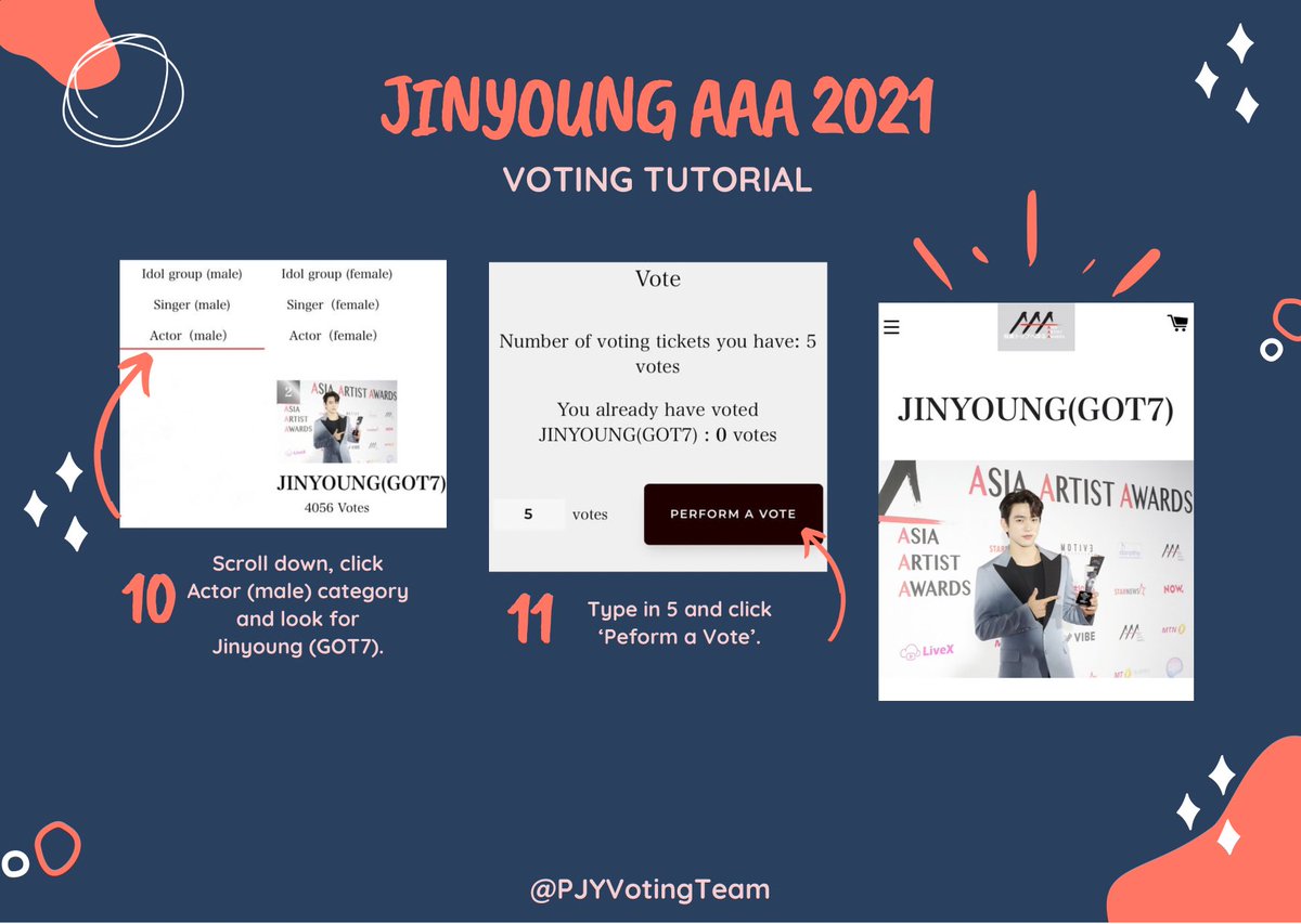 PJYVotingTeam's tweet image. [🗳] ASIA ARTIST AWARDS 2021

Vote for Jinyoung in the Male Actor Category. Please refer to the attached tutorial. 🙏🏻

💚 Prelims: Oct 17-19, 2021
💚 Semi Finals: Oct 21-28, 2021 
💚 Finals: Nov 1-15, 2021

📎 aaa-ret.com/en/a/artists/j…

#Jinyoung #진영 #GOT7 @GOT7Official