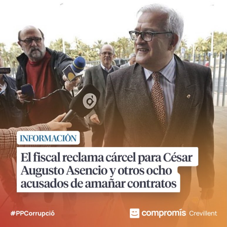 ❗️🟧 El fiscal reclama cárcel para César Asencio y otros ocho acusados de amañar contratos

➡️ Anticorrupción sostiene que el Ayuntamiento de Crevillent pagó 53.365 euros por servicios que no se prestaron en las instalaciones deportivas de la localidad

informacion.es/baix-vinalopo/…