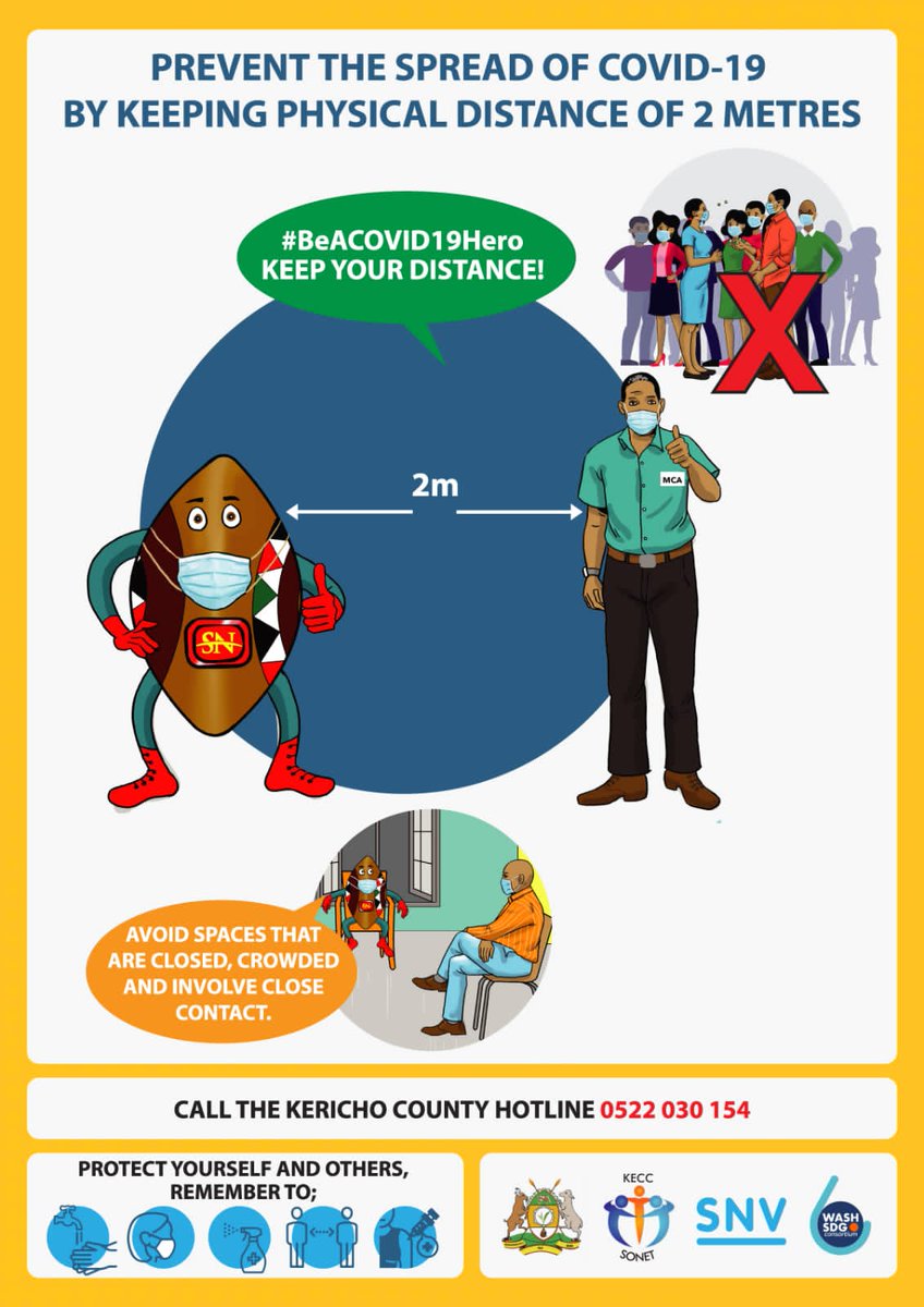 keccsonet's tweet photo. KEEP YOUR DISTANCE! Avoid spaces that are closed,crowded and involve close contact 
#BeAcovid19Hero#WASHFirst@Kerichocountygv@Citro-K
@SNV-WASH@SNV-Kenya https://t.co/x5bIUoKEwE