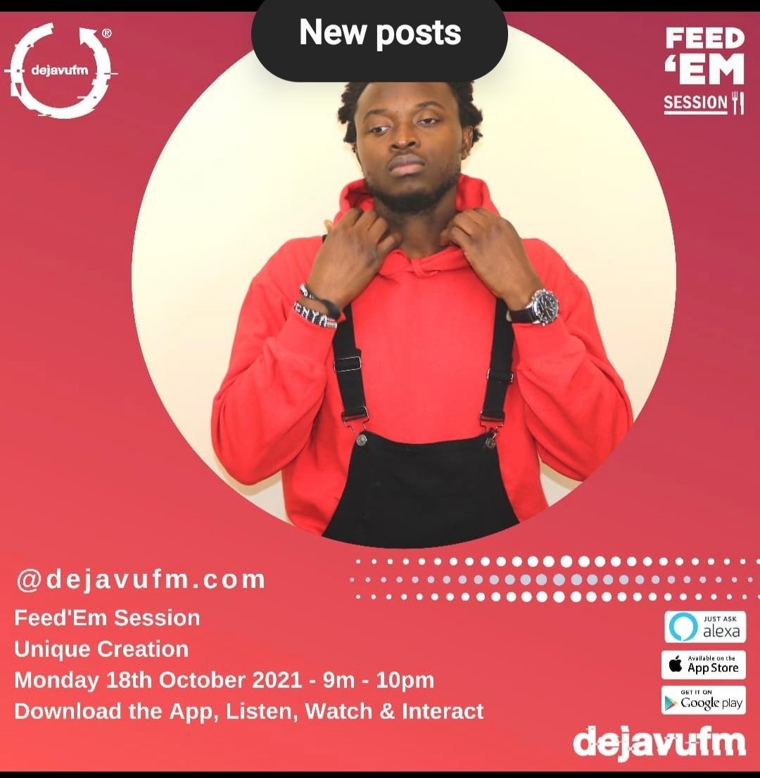 Back at it!! Tune into <a href="/dejavufm/">dejavufm</a> tomorrow for another @feedemsession  with the bro <a href="/feedemartist/">Feed'Em</a>  himself.

If you haven't heard the single yet, this is a chance to hear it alongside others from the catalogue.

#yawehunique #UNIQUECREATION