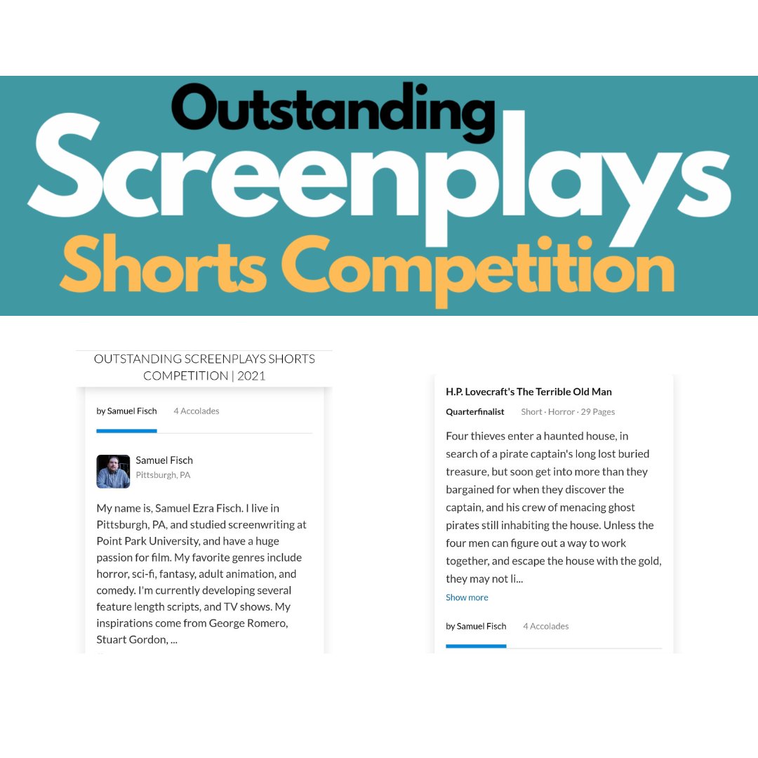 TheFischBowl88's tweet image. The month of October is flying by and we are just a few weeks away from hearing back on my short screenplay 'The Terrible Old Man' I recently received the news my screenplay was a quarterfinalist in the Outstanding Shorts Screenplay competition! 

#screenwriters #shortscreenplay