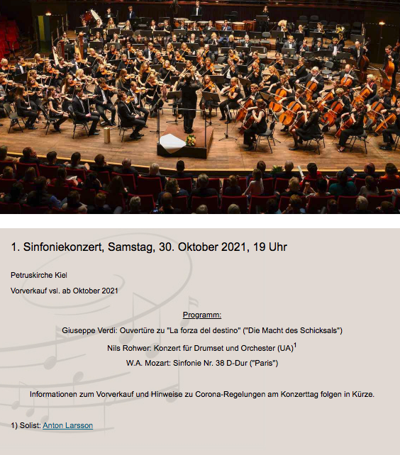 NilsRohwer's tweet photo. 😃Am 30. Oktober erklingt die Uraufführung meines "Concert für Drumset und Orchester" Komposition zum ersten mal Live hören zu können. Mein Schüler Anton Larsson wird den Solopart spielen.
Gemeinsam mit dem Orchester des Ernst-Barlach Gymnasiums am 30.10. Kiel#drumset#orchester https://t.co/FPeT0GWvS4
