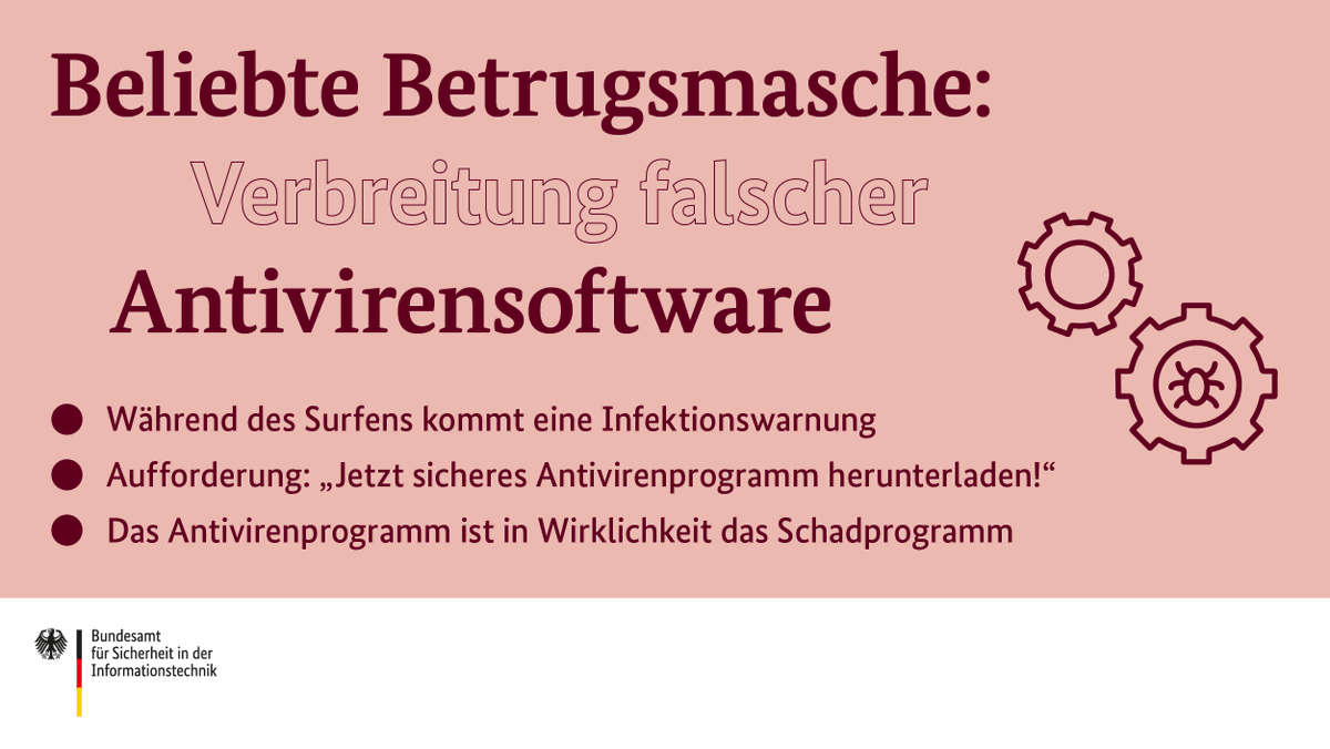 BSI_Bund's tweet photo. Ihr surft im #Internet und plötzlich erhaltet ihr eine Warnmeldung von einer seriösen #Antivirensoftware. Aus Angst reagiert man sofort, kauft die #Software und installiert diese. Es wird schon seine Richtigkeit haben. 😳👌

Meistens: nein! 😉

#DeutschlandDigitalSicherBSI https://t.co/aVHmAmOSfS