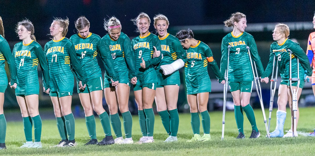 Smiles from <a href="/kerber_riley/">Riley Kerber</a> and <a href="/MeghanHeath17/">Meghan Heath</a> before the start of action tonight. Special award tonight to Meghan for the longest Senior Memory I've heard in the past twelve years. She has words people... 🤣 @MedinaGSoccer