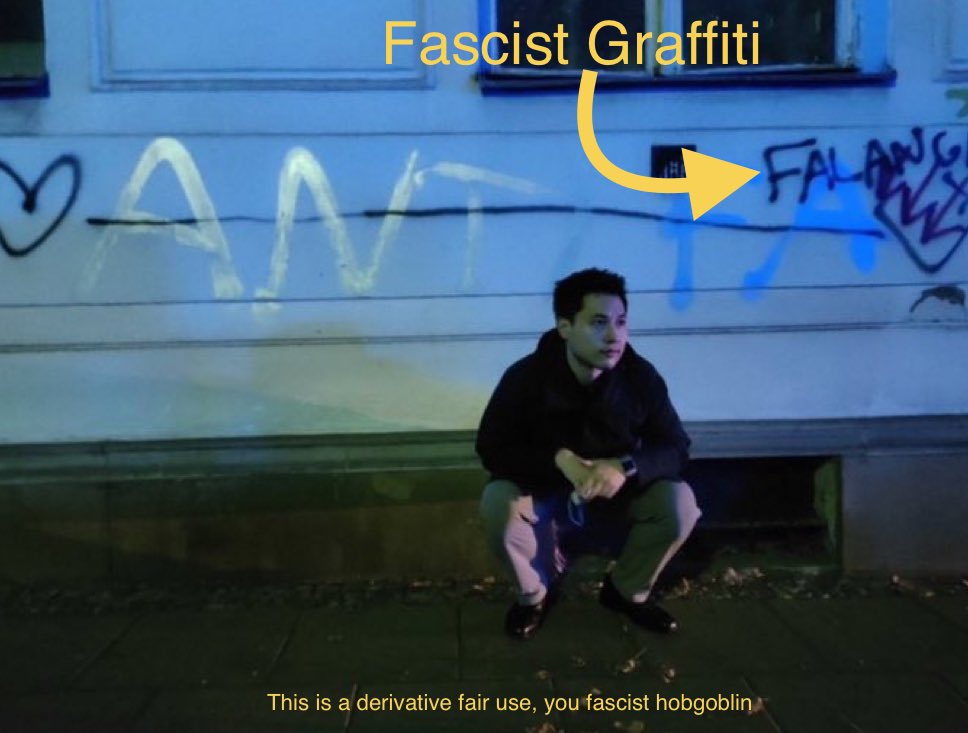 EmilyGorcenski's tweet image. Andy Ngô really does not want you to see this image of him posing alongside graffiti from a fascist group in Poland.

This derivative work is fair use.