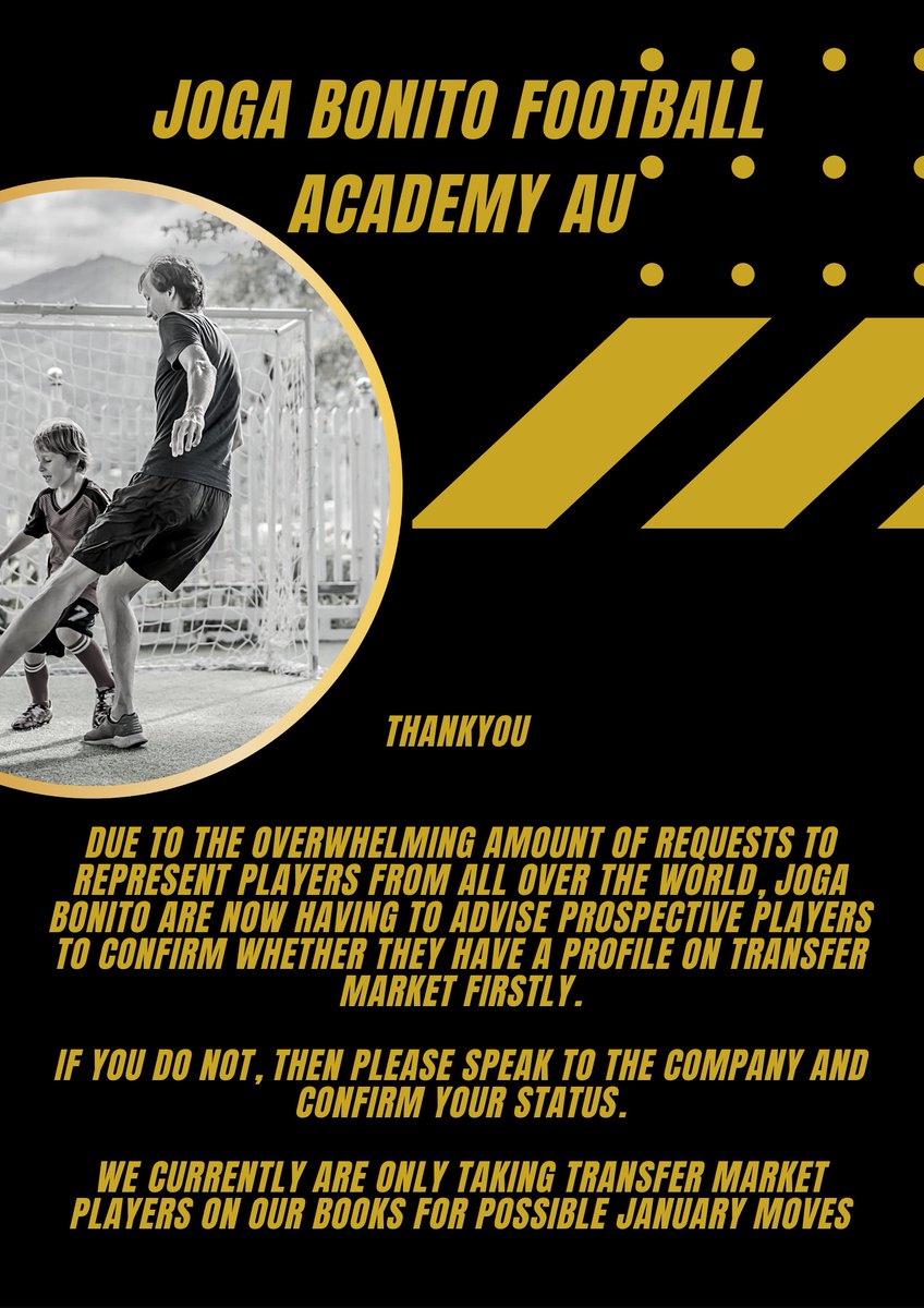 If you wish for us to represent you at joga bonito football academy AU,then please look at this below. ⚽️⤵️

Due to high demand, please confirm status with transfer markt and send us your link.

transfermarkt.com