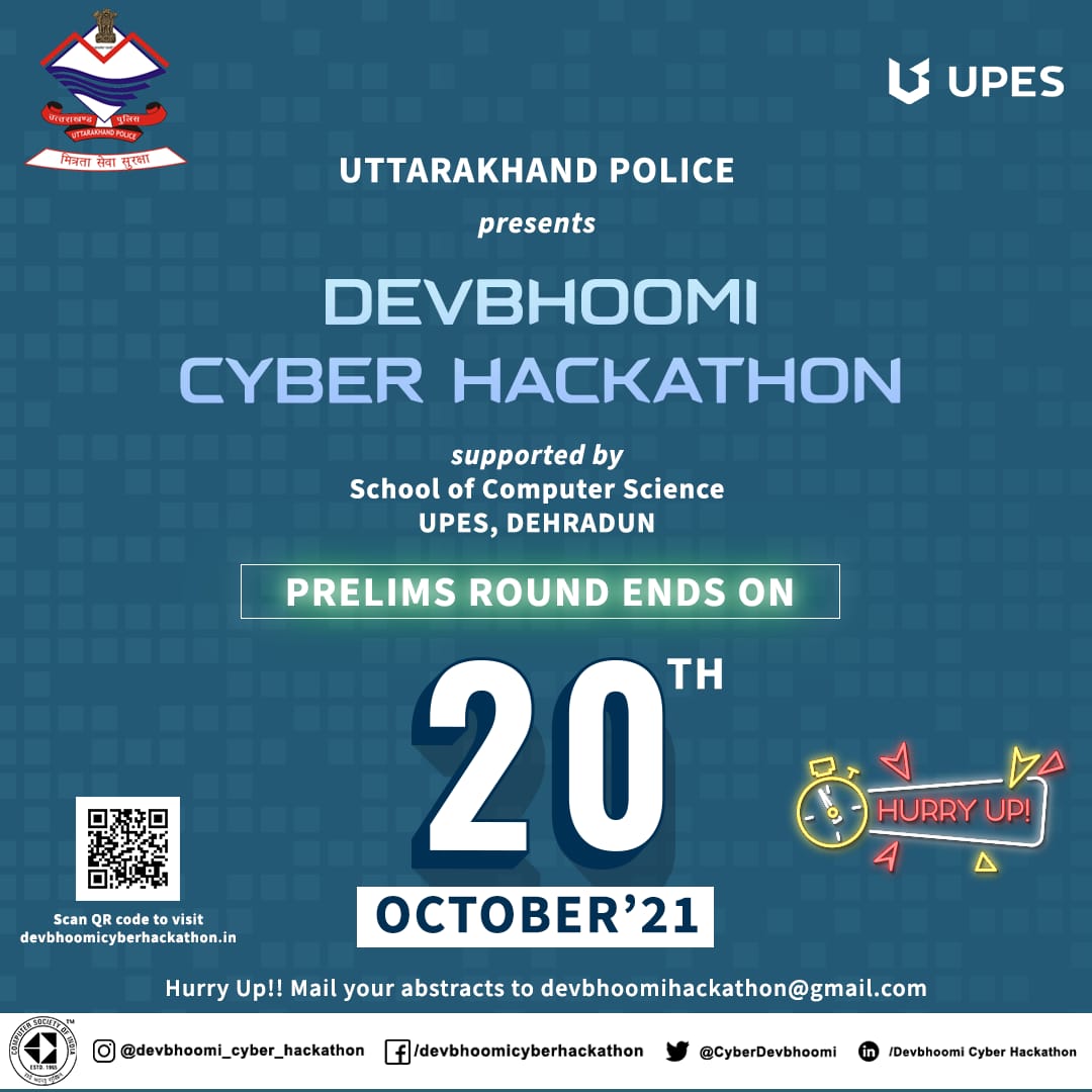 CyberDevbhoomi's tweet image. Flag the date as the counter ticks down to 20th october, the final date for abstract submission.
So hurry up &amp;amp; send your abstracts to devbhoomihackathon@gmail.com on or before 20th Oct 2021.
For more info visit devbhoomicyberhackathon.in

@uttarakhandcops 
@UPESDehradun
@upescsi