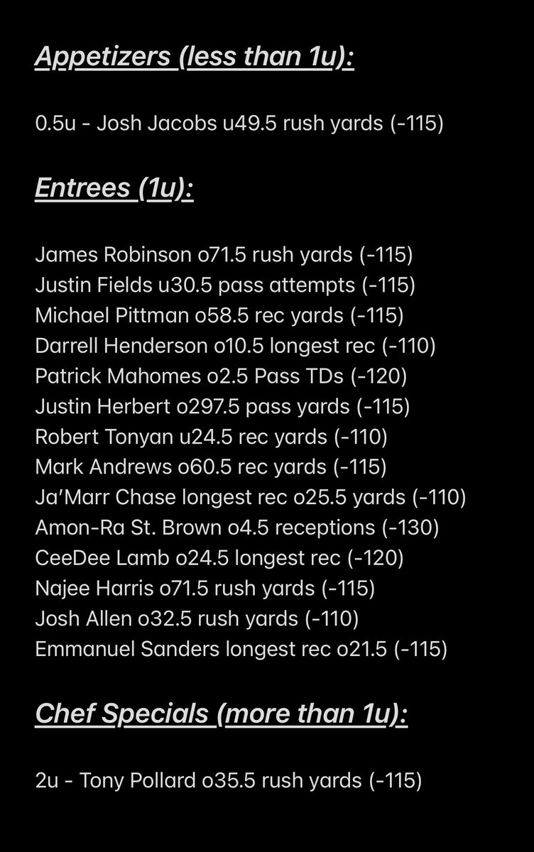 the_ChefJeff's tweet photo. Chef Jeff’s Week 6 NFL Prop Menu:
Best of luck to everybody tomorrow and Monday! Hoping to finish the week off strong with a 2-0 start on TNF & a great day of football 🏈 #freepicks #gamblingtwitter #nflprops #nflsgp #SameGameParlay https://t.co/19oJQQOWVJ