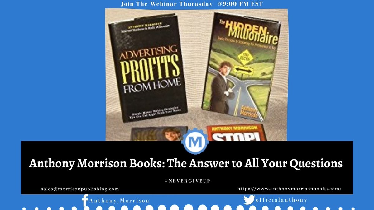 AnthonyMorFan's tweet image. Are you struggling to keep your business afloat? Is your business giving you limited returns? Well, now you don't have to worry! The solution to these questions is simple:

Read Anthony books anthonymorrisonbooks.com 🔗

#AnthonyMorrisonBooks #MotivationalSpeaker