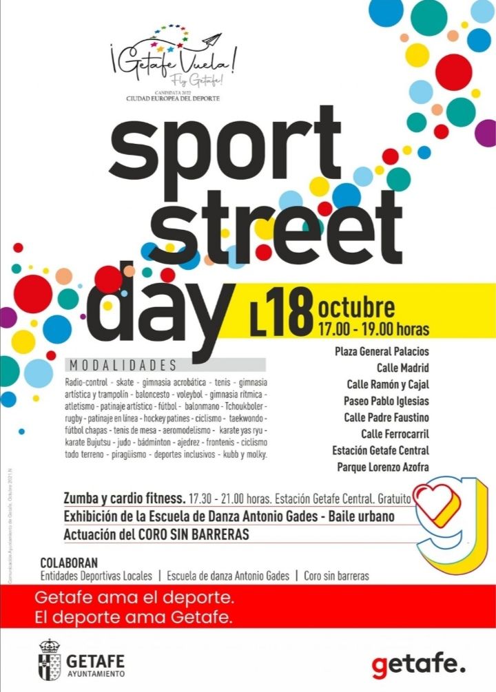Mañana, lunes 18Oct, ¡Lo vamos a dar todo! #SPORTSTREETDAY Una fiesta del deporte con motivo de la visita del Comité evaluador que decidirá si #Getafe se proclama "Ciudad Europea del #Deporte 2022"
¡¡¡ No te lo pierdas !!! #getafeamaeldeporte #getafevuela <a href="/DeporteGetafe/">Deporte Getafe</a>