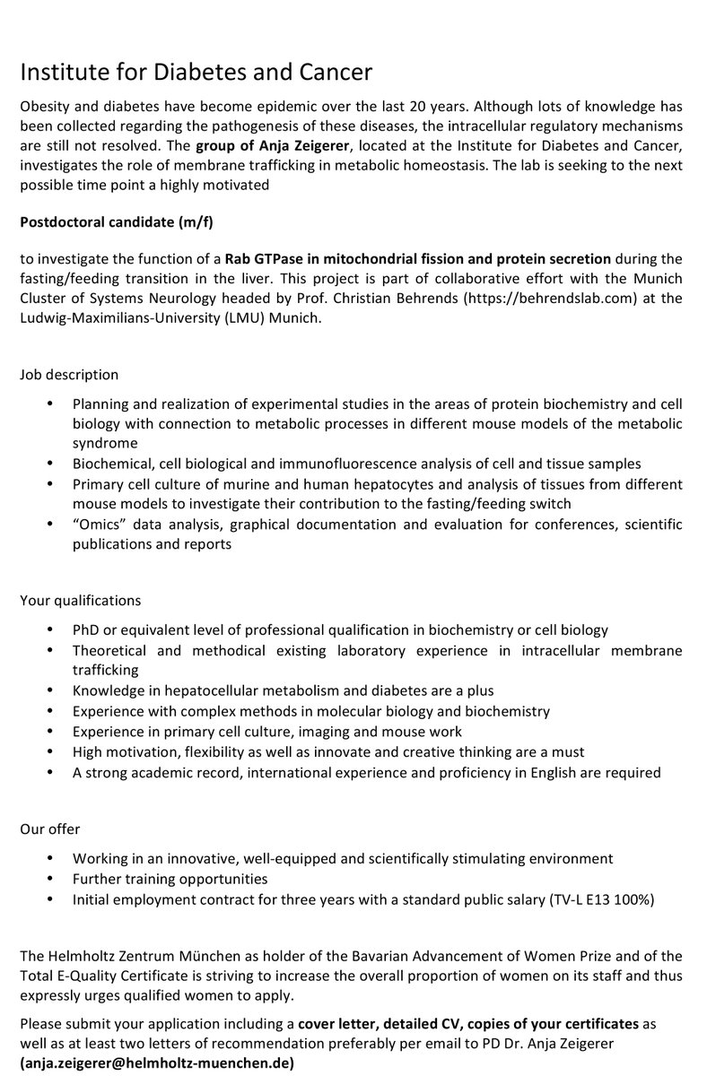 Wanna join a fun team working on the cell biology of metabolism <a href="/ZeigererLab/">Anja Zeigerer</a> in beautiful Munich? We are looking for a postdoc with a 3-year <a href="/dfg_public/">DFG public | @dfg_public@wisskomm.social</a> funded position. Please RT! <a href="/HelmholtzMunich/">Helmholtz Munich | @HelmholtzMunich</a> <a href="/helmholtz_diabc/">Helmholtz Diabetes Center (HDC)</a>