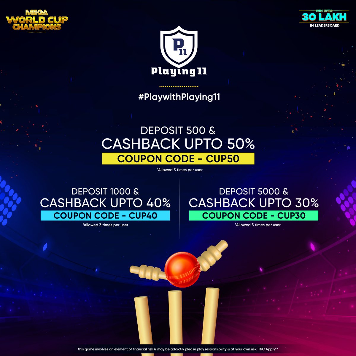 playing11app's tweet photo. It's cricketing season again and this time it's @T20WorldCup. There are exciting offers at stake. Join with Playing11 and use our coupon codes to win amazing cashback offers. #playing11app #T20WorldCup #playwithplaying11 https://t.co/1KS8lHO2wK