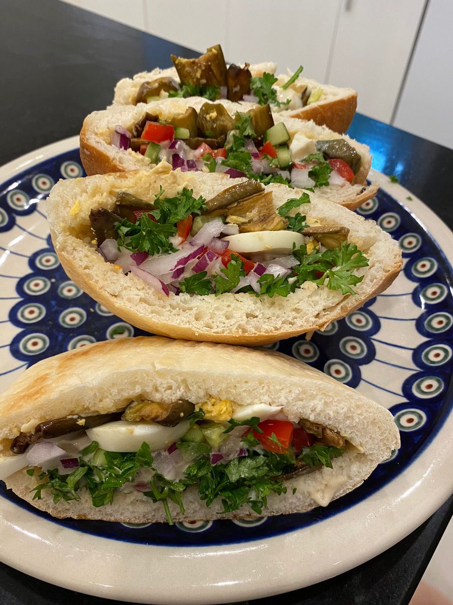 NadavEshcar's tweet photo. Introducing #SABIH : #Pitta bread w/ #Hummus, Eggplant 🍆 Egg 🥚 Parsley 🌿 Salad (tiny pieces of 🍅 🥒🧅 mixed). Tahini Sauce above all.  Middle-Eastern morning in #Hanoi.  🇮🇱😋🇮🇱😋🇻🇳 https://t.co/3KzEEm2OEQ