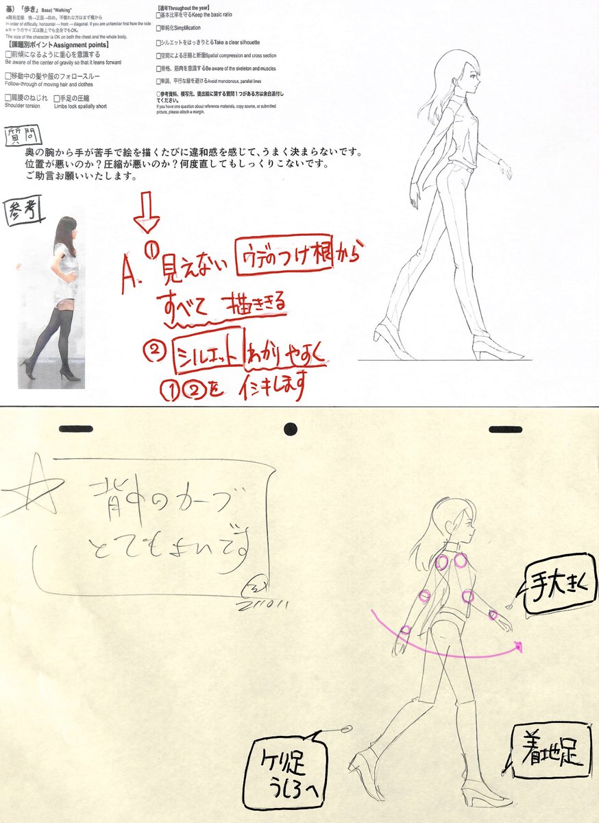 21年10月基礎コース 歩き 添削結果まとめ ポイント 前傾になるように重心 アニメ私塾の漫画