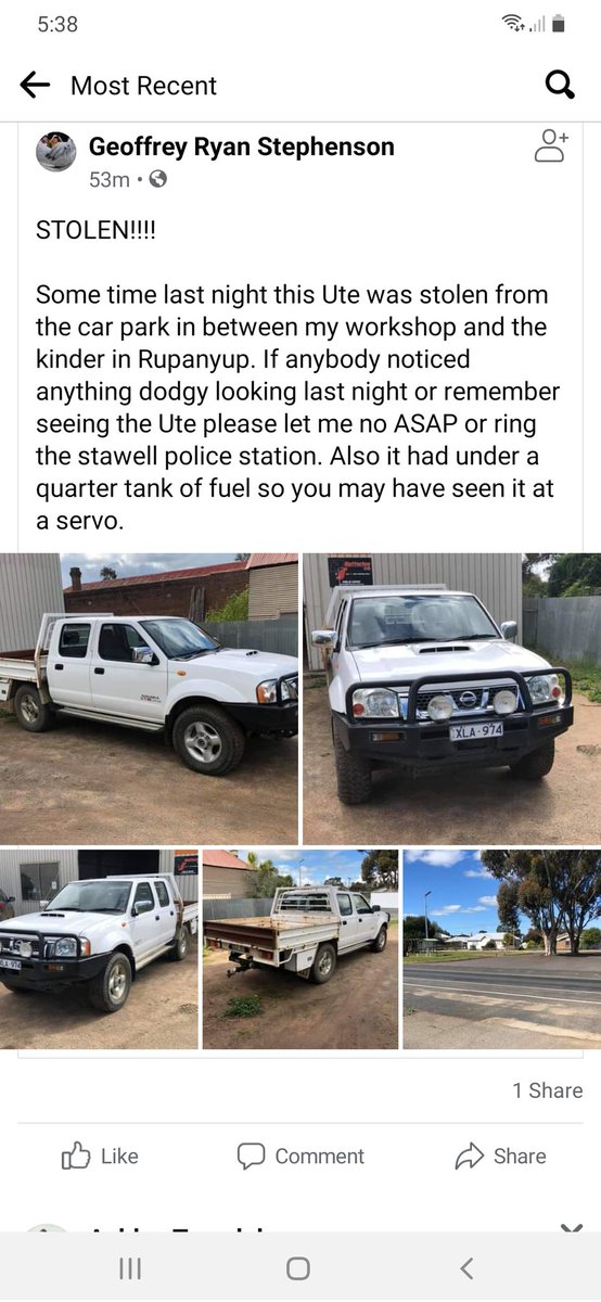 Screen shot from the Facebook page of a local Rupanyup mechanic. Please DM me if you have seen anything or the Stawell police. The ute is my nephew's! 😬
