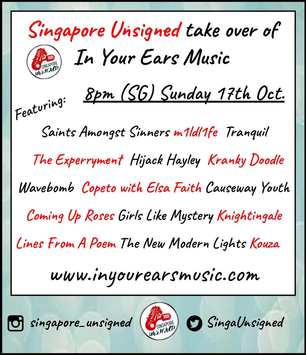 Tonight I will be hosting a radio show showcasing music coming out of Singapore. Some great songs from up and coming bands in Singapore. Show is on at 8 pm SG (1 pm UK). Just go to inyourearsmusic.com to listen to the show.