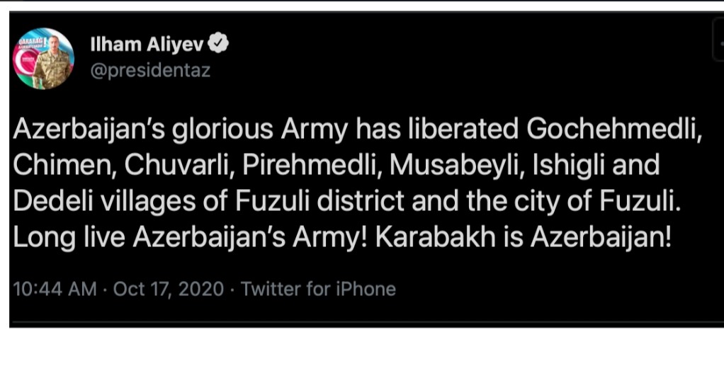 HikmetHajiyev's tweet photo. 17th of October 2020- Glory, Honor and Sadness were intermingled. Major stronghold Armenian forces in Fuzulu destroyed and city liberated. In villainous and cowardice manner Armenian forces targeted again innocent civilians in Ganja with ballistic missiles as a sign of vengeance. https://t.co/VzIKOx1eTd