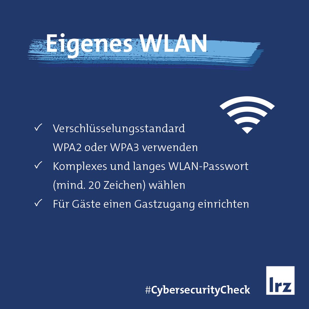 LRZ_DE's tweet photo. Wenn man die Wohnung oder das Haus verlässt, schließt man die Eingangstür ab. Aber wie schützt man eigentlich sein WLAN? Wir haben da ein paar Tipps! 💡 

#CyberSecurity #CyberSecMonth #CybersecurityCheck #ECSM #CyberSicherheit https://t.co/wwxFwaWjTY