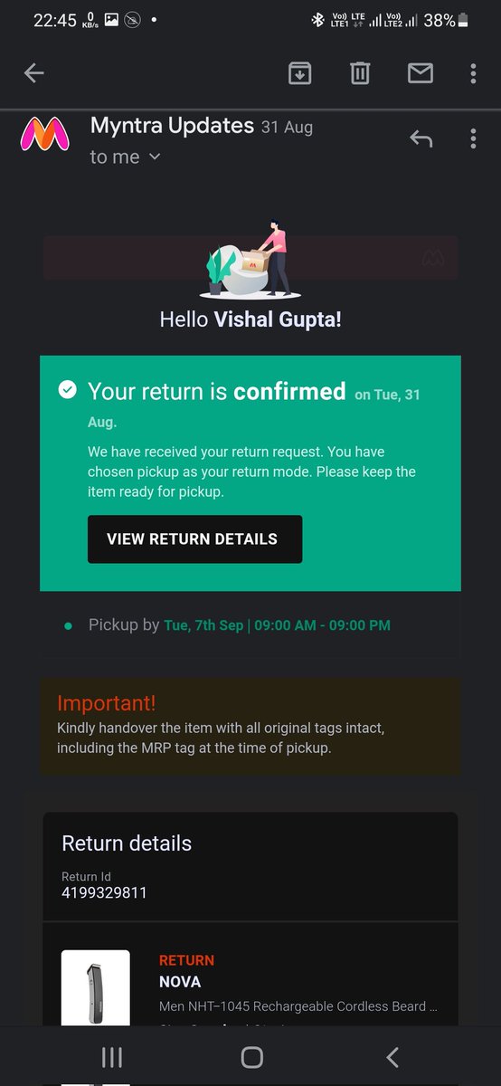 vgvishu9's tweet photo. @_Amar_N  @MyntraSupport @myntra 
Pathetic! 
My OrderID# 1181175 86543063354801
I didn't satisfy with the product that's y i requested for return within 7days and it was confirmed bt no one came to pickup. The prodct has a 15 days hassle free retrn.if u r nt abl topick thn refund https://t.co/LlYWxVUnty