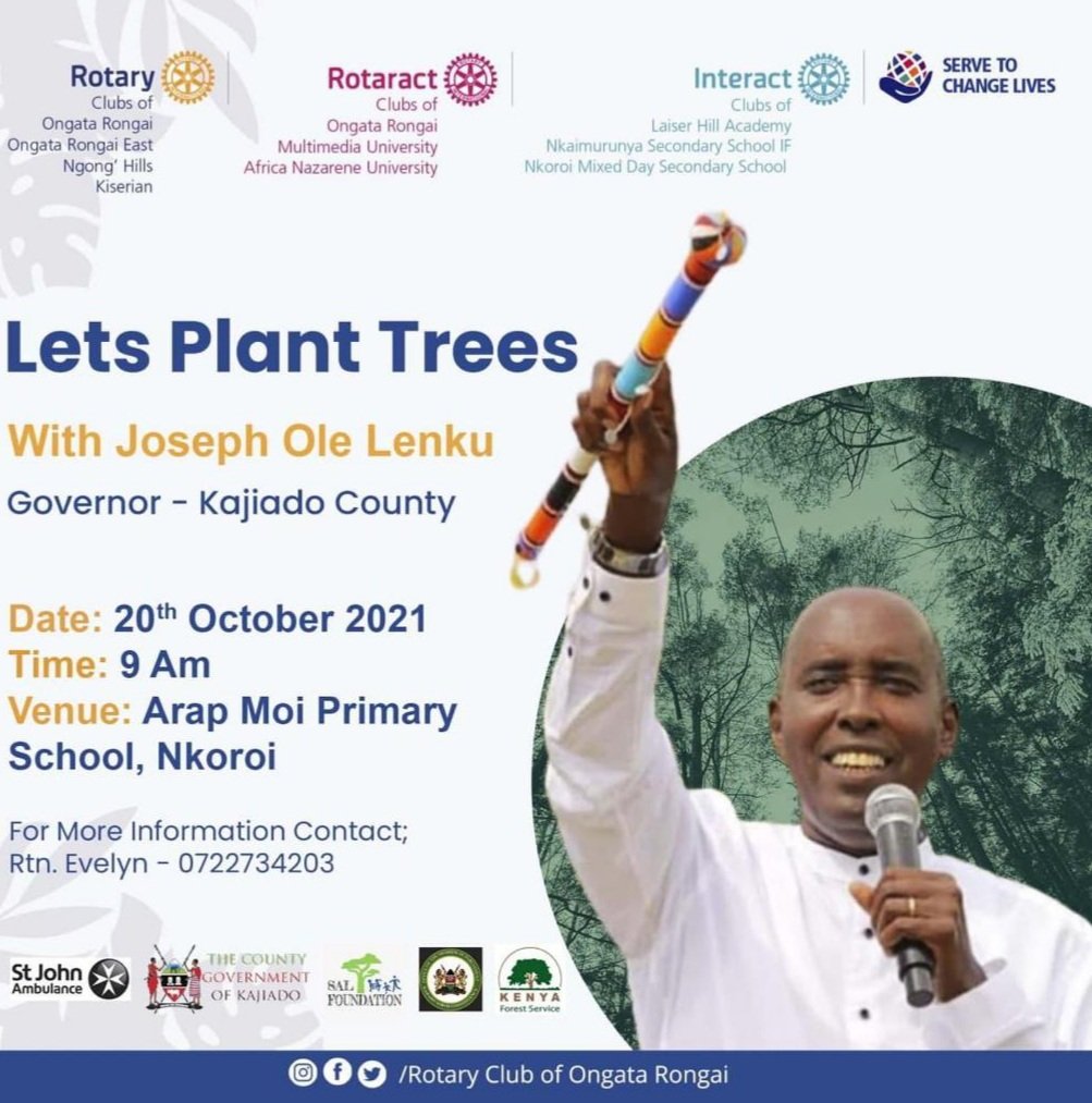 Rotary Club of Ongata Rongai (@ongatarotary) on Twitter photo On Mashujaa day 20th Oct, the Rotary Family in conjunction with the Governor of Kajiado County will celebrate with tree planting at Arap Moi Primary school, Nkoroi. Join us as we serve the community for a better environment. <a href="/joelenku/">Gov. Joseph Ole Lenku EGH</a> <a href="/KajiadoGov/">Kajiado County Government</a> <a href="/d9212_/">Rotary District 9212</a> On Mashujaa day 20th Oct, the Rotary Family in conjunction with the Governor of Kajiado County will celebrate with tree planting at Arap Moi Primary school, Nkoroi. Join us as we serve the community for a better environment. <a href="/joelenku/">Gov. Joseph Ole Lenku EGH</a> <a href="/KajiadoGov/">Kajiado County Government</a> <a href="/d9212_/">Rotary District 9212</a>