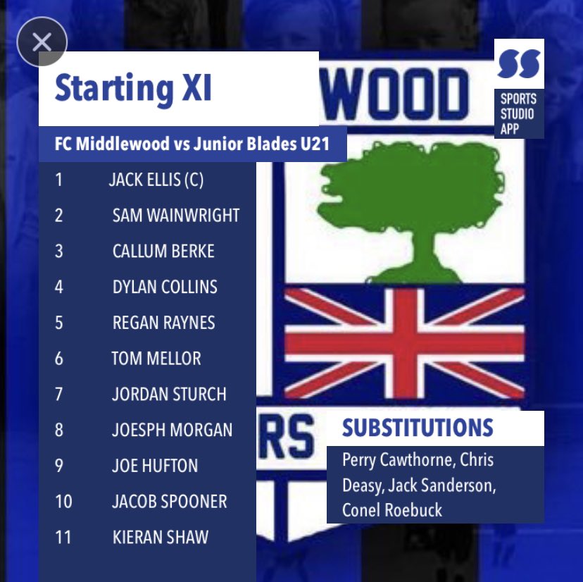 <a href="/FcMiddlewood/">Middlewood Rovers FC</a>  vs Junior Blades U21

We are in the Sheffield Cup this week. A young team come to visit us in Junior Blades U21’s. Here how’s The Rovers line up today

#UpTheRovers🔵⚫️