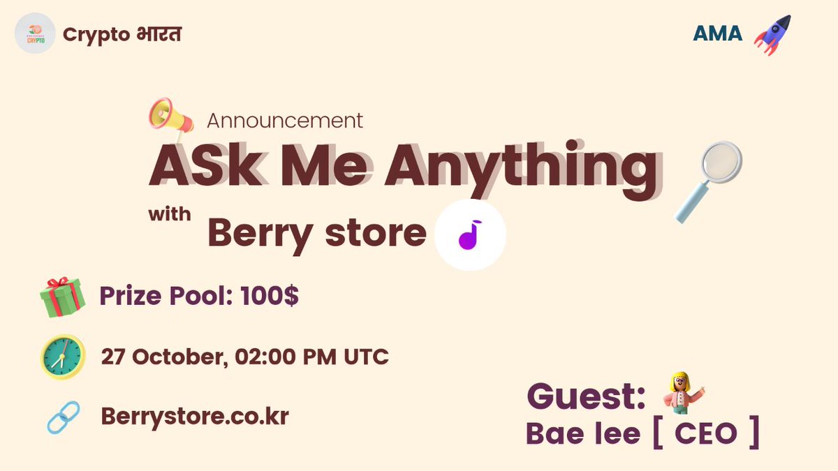 CryptoForBharat's tweet photo. Proud to announce AMA session with 
@BERRYSTORE4 
 on 27th October at 02:00 pm utc.  Total prize pool is 100$ berry.
Live ama locale - https://t.co/3Z80Xl69Dw https://t.co/21QTX4qq1H