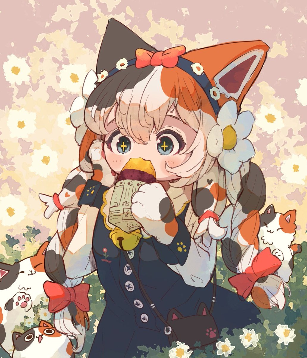 1girl calico animal ears eating cat ears food flower  illustration images