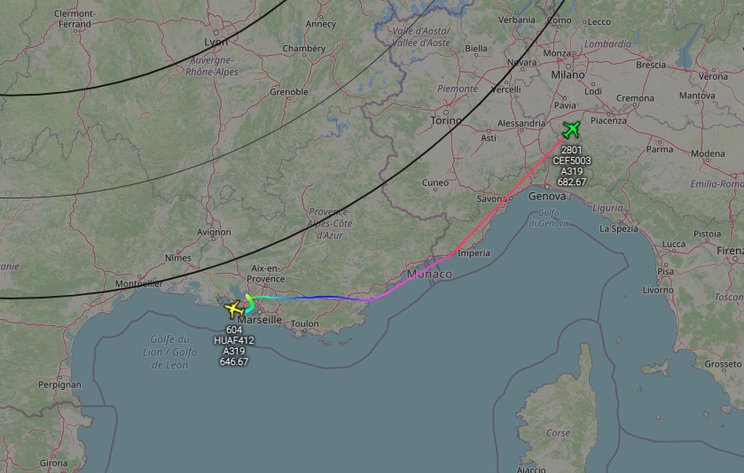 french_radar's tweet photo. Hungarian Air Force A319, HUAF412 #477FF4 & Czech Air Force CEF5003 #498422 leaving Marseille. Any Summit? https://t.co/Cvy7vpxXzP