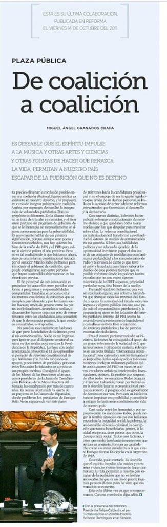 Hoy el periódico <a href="/Reforma/">REFORMA</a> publica la última columna que escribió el gran periodista Miguel Ángel Granados Chapa. Se agolpan mis recuerdos de sus sabias y amenas charlas. Se le extraña. bit.ly/3BPdrcM