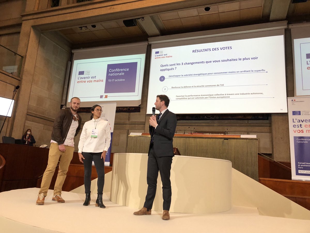 Conclusion par Clément Beaune de la conférence nationale citoyenne sur l avenir de l Union Européenne rassemblant 100 citoyens qui représentent les conférences régionales . 3 propositions parmi 14 changement souhaités pour l Europe: Climat ; défense; autonomie