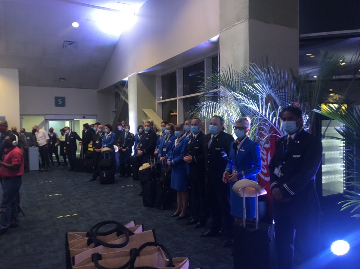 NLinPortOfSpain's tweet photo. #KLMCrew disembarks and joins the welcome to #TrinidadandTobago presentations at #Piarco #InternationalAirport https://t.co/Crh2N1lPim