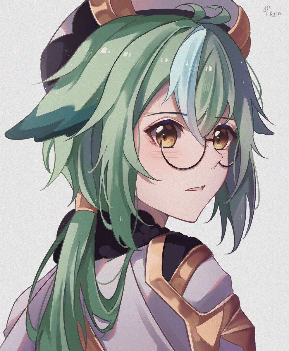 sucrose (genshin impact) 1girl solo green hair glasses hat long hair animal ears  illustration images