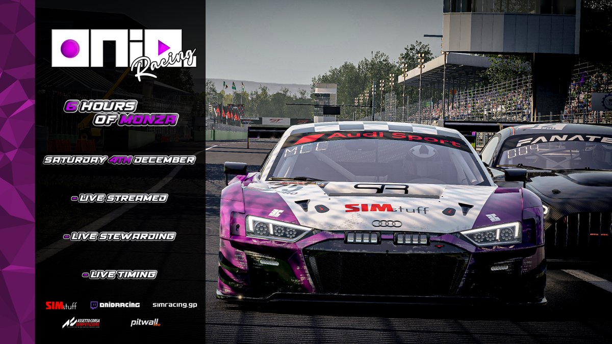 ***__oNiD Racing Presents: 6 Hours of Monza__***

- Saturday 4th December
- Teams of 2-4 drivers
- Custom liveries welcomed
- Live streamed
- Live stewarding
- Live timing
- x2 time multiplier for a day to night transition

Sign-up &amp; further details: beta.simracing.gp/events/nsDSDAe…
