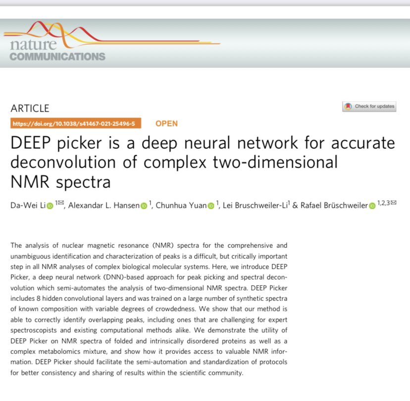 RadoslavPavlov4's tweet photo. The team of Rafael Bruschwiller developed a new software DEEP Picker, based on deep neural network, which is powerful in detecting overlapping peaks in samples such as folded or intrinsically disordered proteins, and complex metabolomic samples. #NMRchat #OhioStateCBC https://t.co/kaQMILMkA9