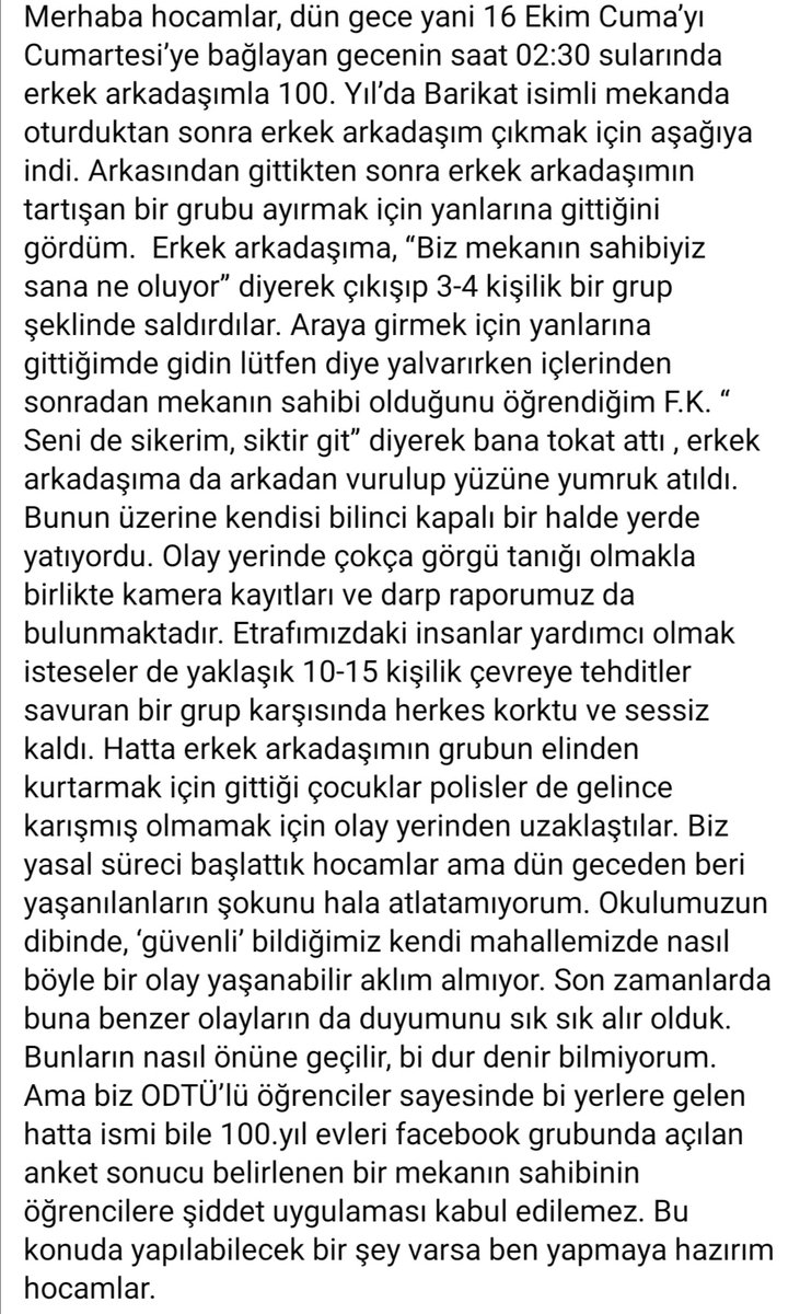 metuevents's tweet photo. Cuma akşamı ODTÜ öğrencisi olan bir kadın arkadaşımızın ve erkek arkadaşının yaşadıklarına dair sözleri. Lütfen yaygınlaştıralım. #barikatboykot https://t.co/RUJEUd10yk