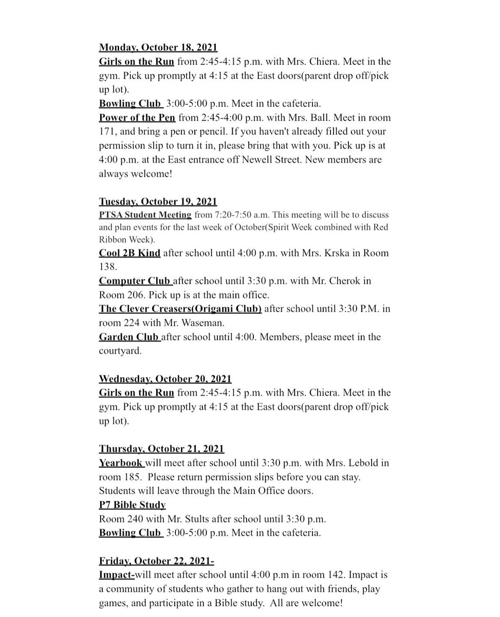 BMS clubs for the week of October 18th!